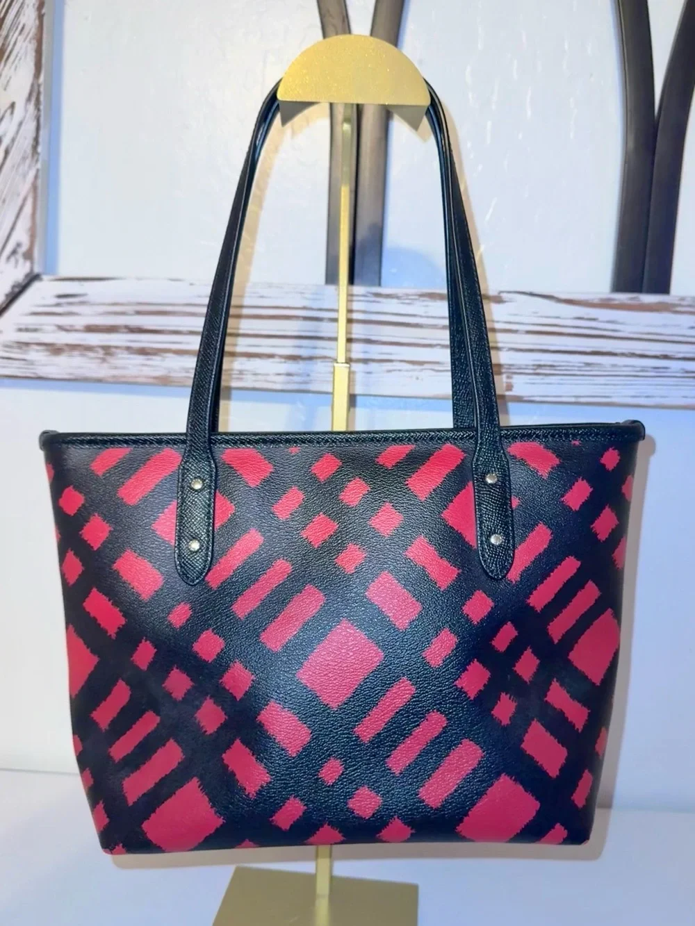 Coach F22246 City Zip Tote Bag Wild Red Plaid/Black 12x8x4” EUC